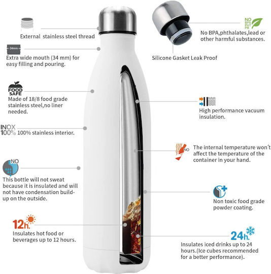 Koupakoupa Recyclable Bottle Thermos Stainless Steel BPA Free 500ml White