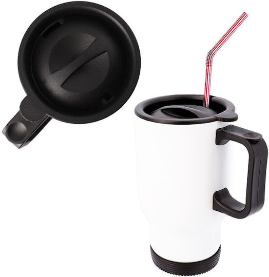 Koupakoupa Stainless Steel Thermos Bottle 450ml White with Handle and Straw