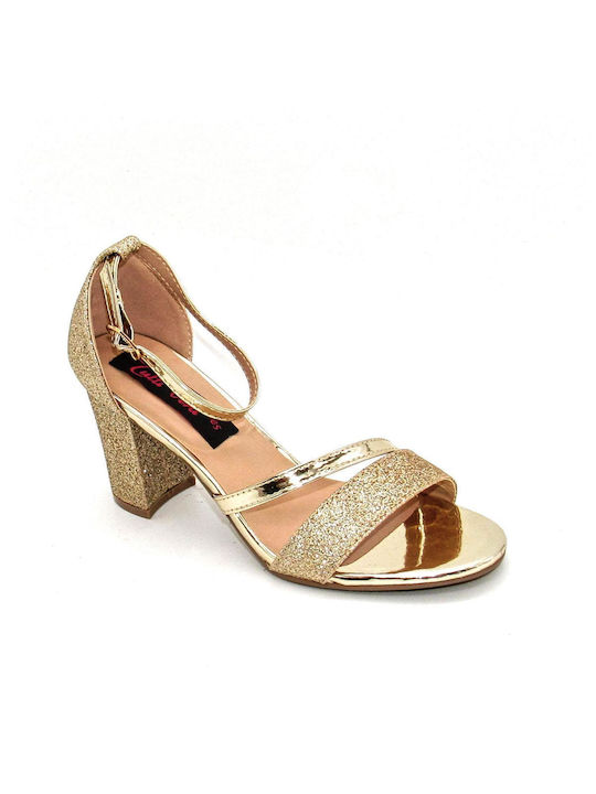 La Bottine Souriante Platform Women's Sandals with Ankle Strap Gold with Chunky Medium Heel