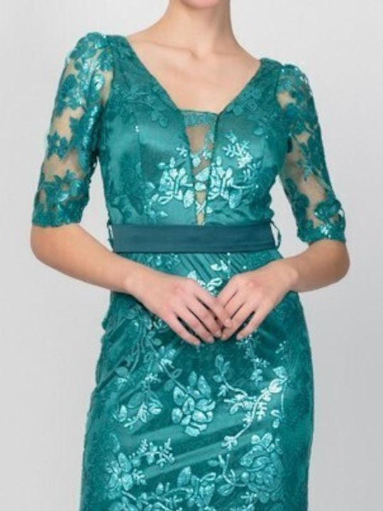 Summer Maxi Evening Dress with Lace Turquoise