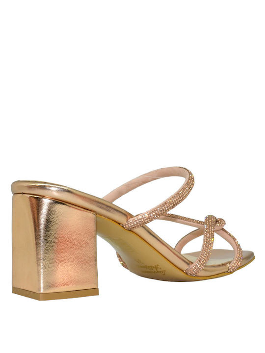 Repo Leather Women's Sandals with Strass Gold with Chunky Medium Heel