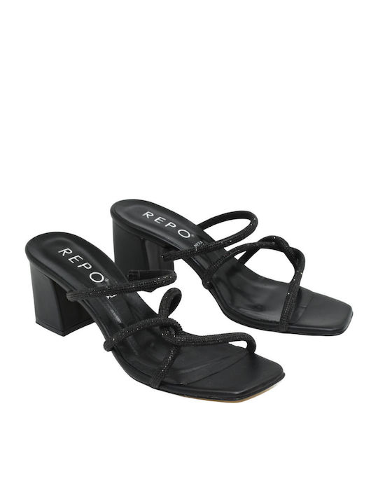 Leder Sandalen mit Strass Schwarz