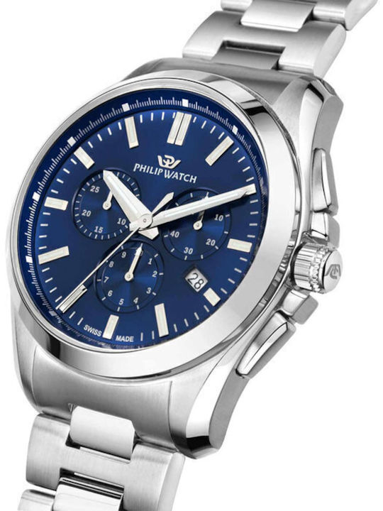 Philip Watch Ανδρικό Ρολόι Χρονογράφος Μπαταρίας με Ασημί Μεταλλικό Μπρασελέ
