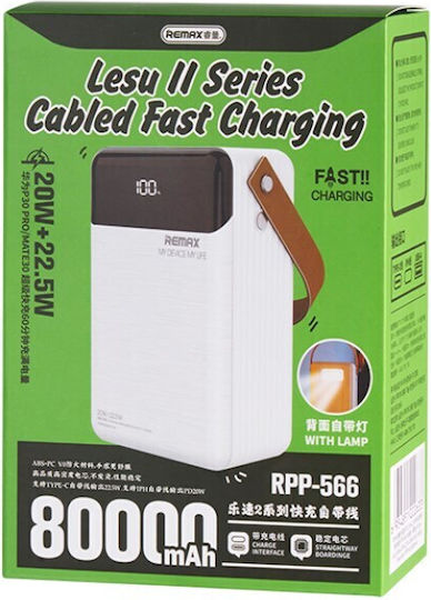Remax RPP-566 Power Bank 80000mAh 22.5W με 2 Θύρες USB-A και Θύρα USB-C Quick Charge 3.0 Λευκό