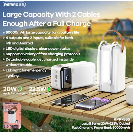 Remax RPP-566 Power Bank 80000mAh 22.5W με 2 Θύρες USB-A και Θύρα USB-C Quick Charge 3.0 Λευκό