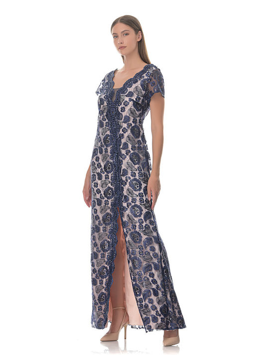 Farmaki Summer Maxi Evening Dress with Lace Blue