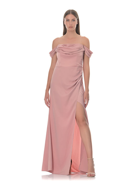 Farmaki Καλοκαιρινό Maxi Βραδινό Φόρεμα Σατέν Ντραπέ Ροζ