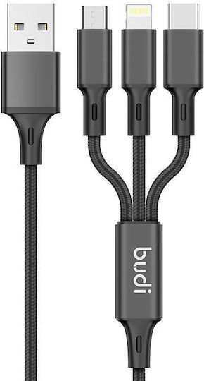 Budi Автомобилно Зарядно Устройство 12W 2.4A с 2xUSB-A Портове с Кабел Lightning / Micro-USB / Type-C Черен Цвят