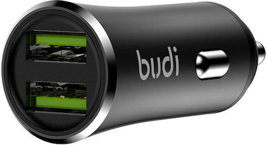 Budi Автомобилно Зарядно Устройство 12W 2.4A с 2xUSB-A Портове с Кабел Lightning / Micro-USB / Type-C Черен Цвят