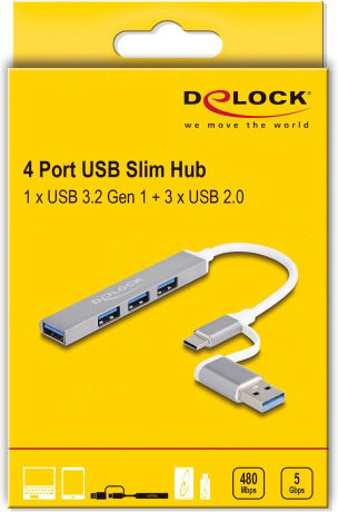DeLock USB-Hub 4 Anschlüsse USB 3.0 mit Anschluss an einen Computer USB-A / USB-C Grau