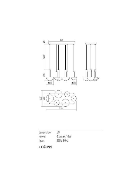 Redo Group Lumien Suspendat Candelabru pentru 6 Becuri G9 Aur