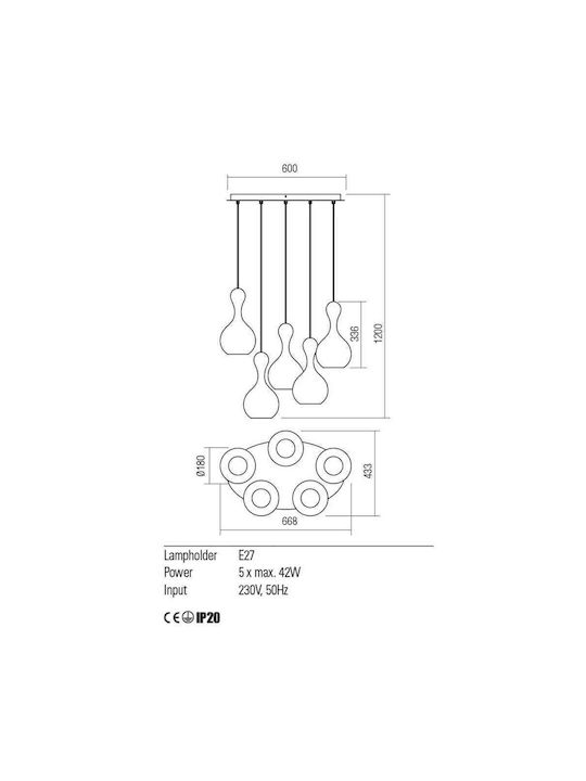 Redo Group Pendant Chandelier for 5 Bulbs E27 Bronze