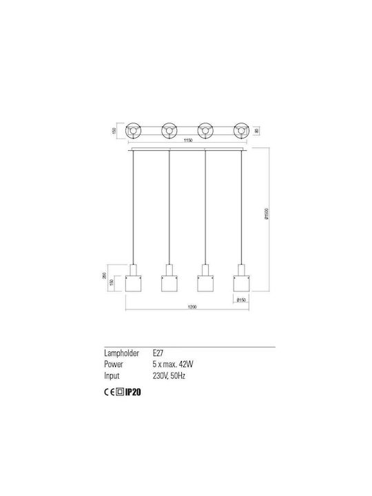 Redo Group Suspendat Candelabru pentru 4 Becuri E27 Negru