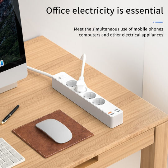Wiwu Power Strip with Surge Protection 4 Positions with 3 USB-A, 1 USB-C, Switch and Cable 1.6m