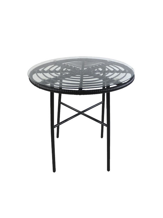 Appius Sitting Room Outdoor Free Standing Table with Glass Surface and Metal Frame Black 70x70x74cm