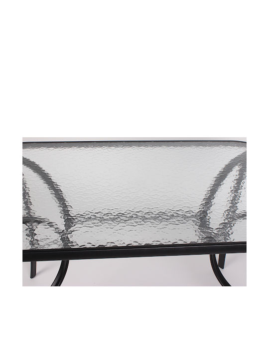 Outdoor Dinner Free Standing Table with Glass Surface and Metal Frame Black 120x70x72cm