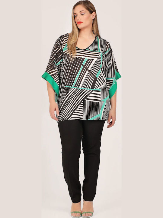 Women's Summer Blouse with Bat Sleeves & V Neckline Green