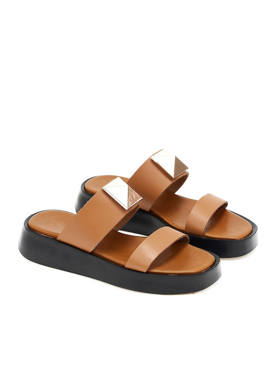 Leather Women's Flat Sandals Flatforms Caramel