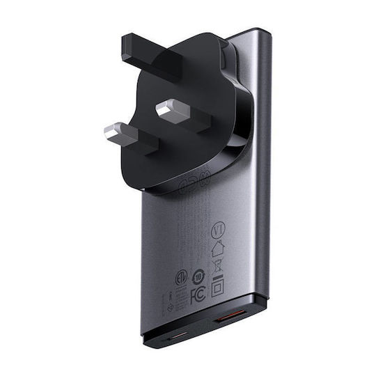Baseus GaN Charger with USB-A Port and USB-C Port and USB-C Cable 65W Gray GaN5 Pro