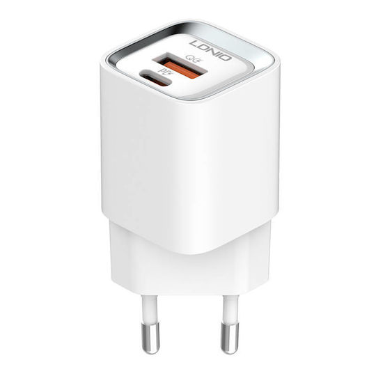 Ldnio Φορτιστής με Θύρα USB-A και Θύρα USB-C και Καλώδιο USB-C - Lightning 20W Power Delivery Λευκός (A2318C)