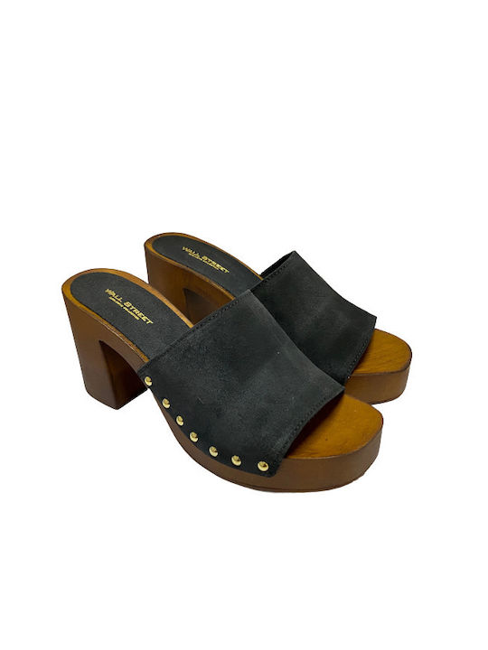 Wall Street Chunky Heel Leather Mules Black