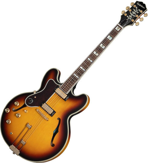 Epiphone Sheraton Elektrische Gitarre ES mit HH Tonabnehmerkonfiguration Vintage Sunburst mit Tasche