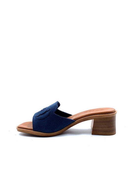 Oh My Sandals Leder Mules mit Chunky Hoch Absatz in Blau Farbe