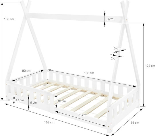 Kinderbett Montessori Einzeln Weiß für Matratze 80x160cm