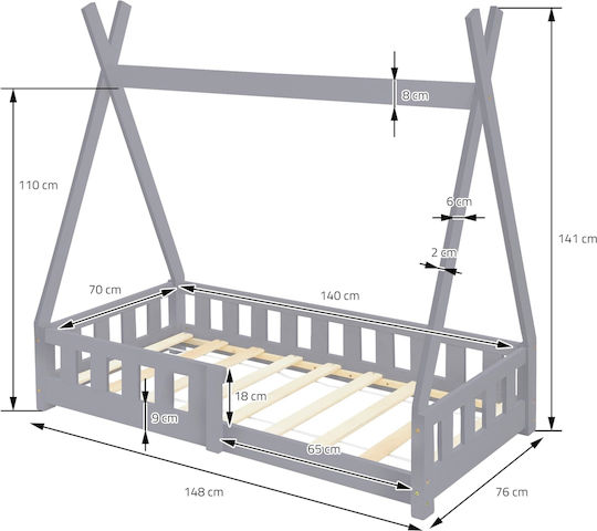 Παιδικό Κρεβάτι Montessori Μονό Γκρι για Στρώμα 70x140cm