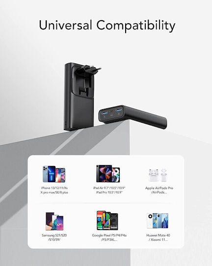 Vrurc ACE100 Power Bank 10000mAh 20W με 2 Θύρες USB-A και Θύρα USB-C Power Delivery / Quick Charge 3.0 Μαύρο