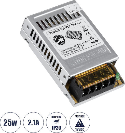 GloboStar Ρυθμιζόμενο Dimmable Τροφοδοτικό LED IP20 Ισχύος 25W με Τάση Εξόδου 12V