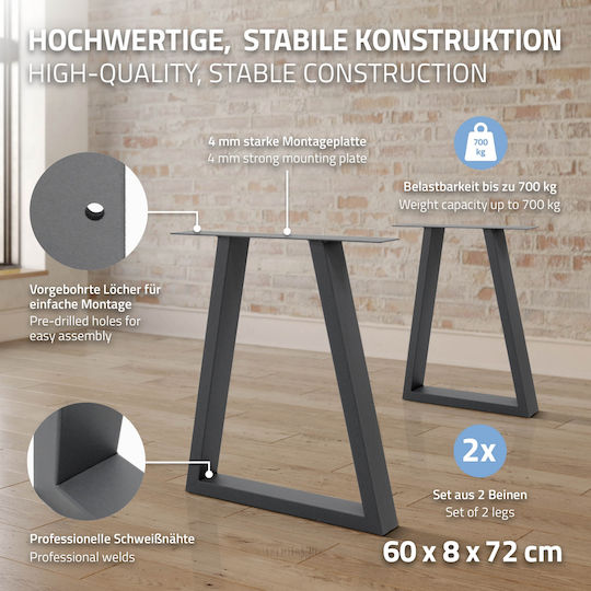 ECD Germany Picior Metalic Pentru Mobilier Potrivit Pentru Masă / Măsuță / Birou 60x72cm Gri