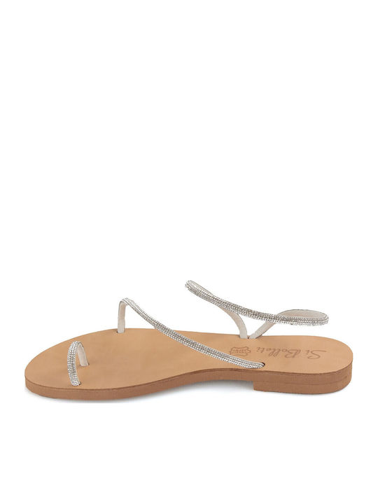 Leather Women's Flat Sandals in Silver Color