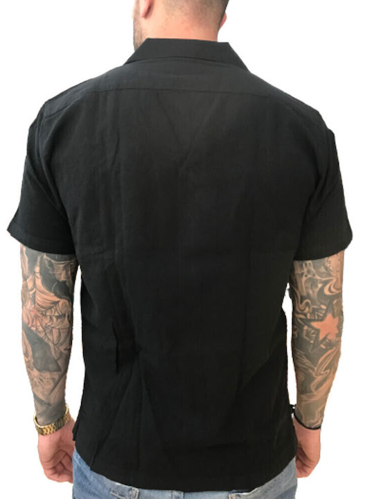 Short Sleeve Linen Shirt in Wide Line Black