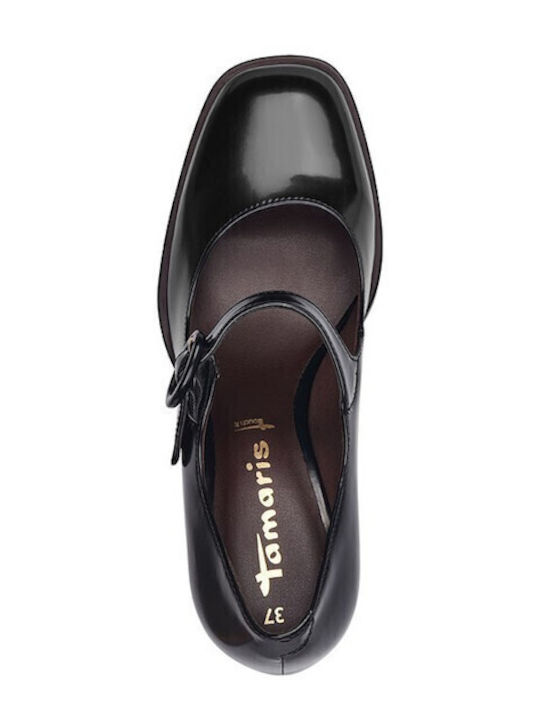 Synthetic Leather Black Medium Heels with Strap