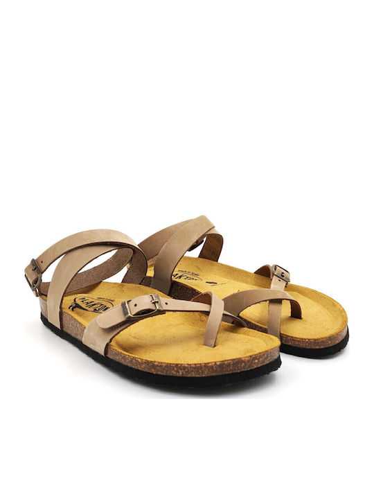 Bankog Leather Women's Flat Sandals Anatomic with Strap Taupe