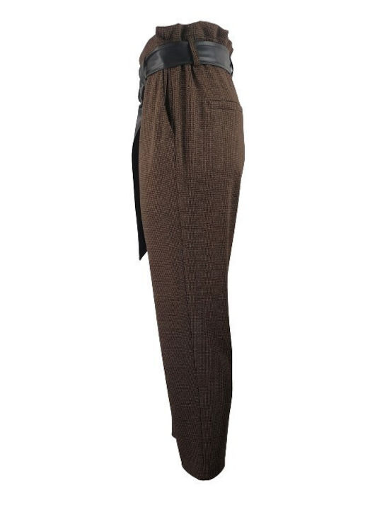 Passager Women's High-waisted Leather Trousers with Elastic Brown