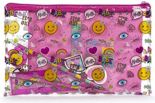 Tri-Coastal Design Kids Stationery Set with Pencil, Eraser, Notepad, Ruler and Pencil Case Pink Smile