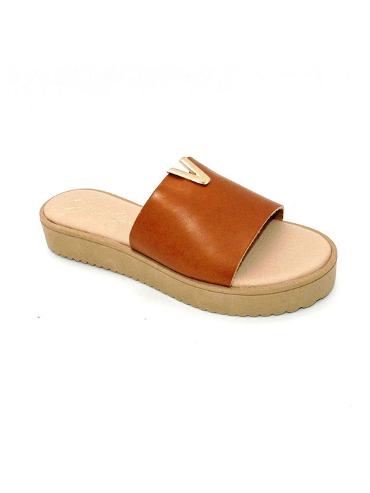 Santorini Sandals Δερμάτινα Γυναικεία Σανδάλια Flatforms σε Ταμπά Χρώμα