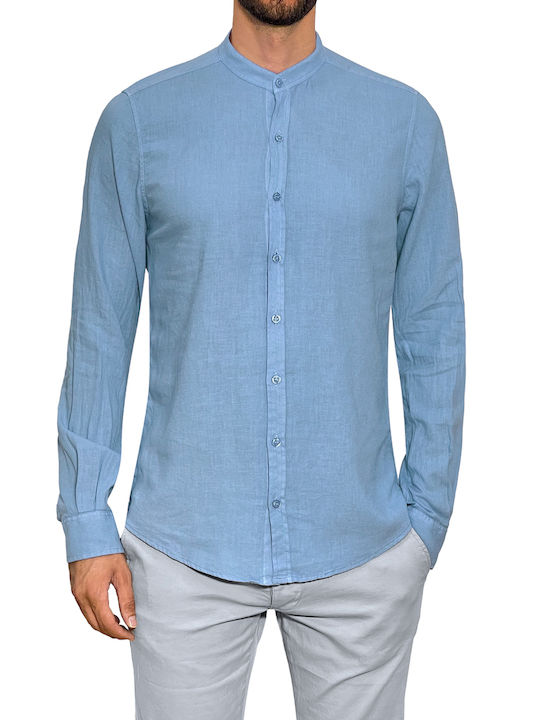 3Guys Men's Shirt Long Sleeve Linen Light Blue