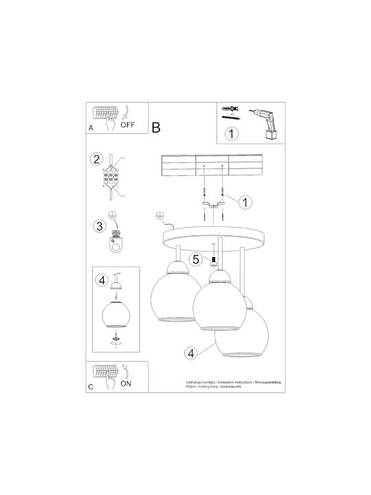 Sollux Ceiling Mount Light 47cm Black with Socket E27