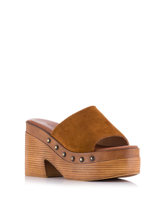 In London Chunky Heel Leather Mules Tabac Brown