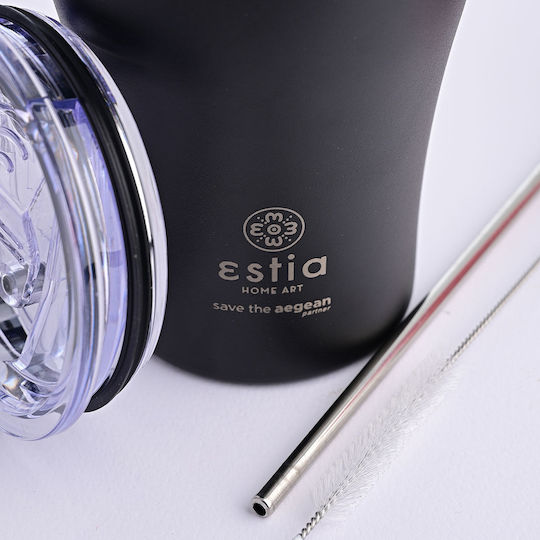 Estia Coffee Mug Save The Aegean Ανακυκλώσιμο Ποτήρι Θερμός Ανοξείδωτο BPA Free 350ml Midnight Black με Καλαμάκι
