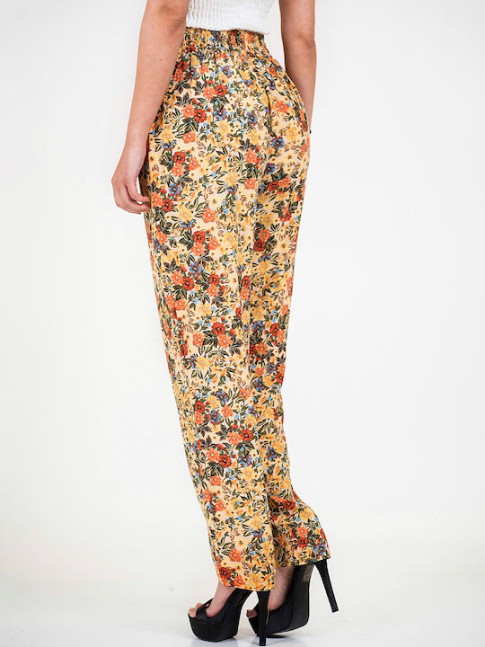 DOT Women's Fabric Trousers with Elastic Floral Yellow