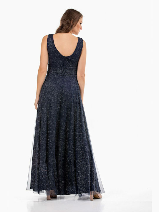 Bellino Sommer Maxi Kleid für Hochzeit / Taufe Offener Rücken mit Tüll Marineblau