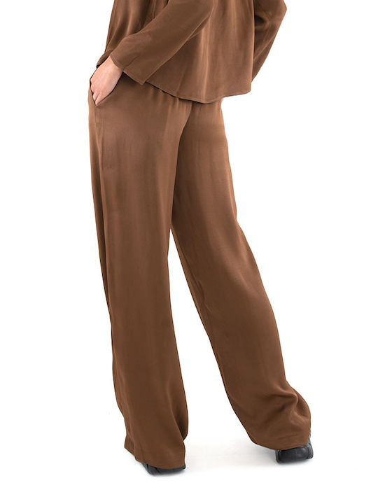 MY T Women's High-waisted Fabric Trousers Brown