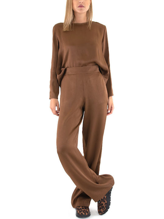 Damen Hoch tailliert Stoff Hose Braun
