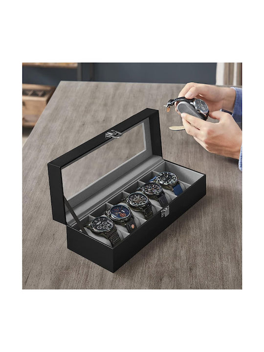 Songmics Wooden Case with transparent lid for 6 watches in Black color JWB06BK