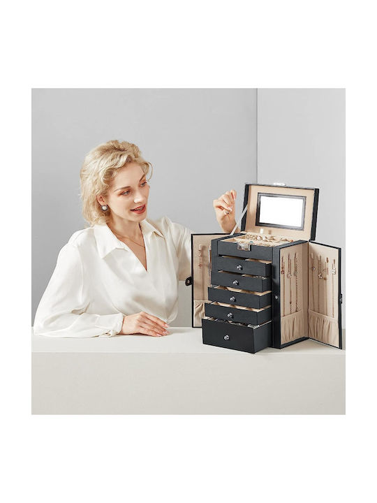 Songmics Jewellery Box Made of Faux Leather with Drawer & Black Mirror 26x15.6x32cm