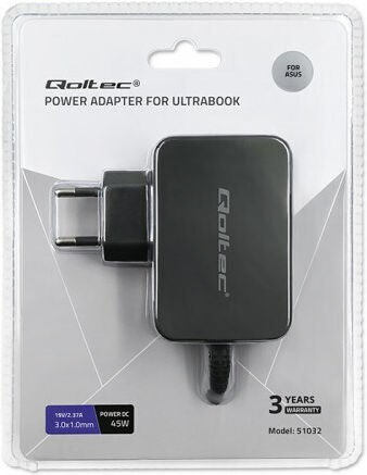 Qoltec Laptop Charger 45W 19V 2.37A for Asus with Detachable Power Cable and with plug set